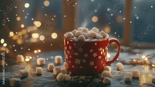 Steaming Hot Cocoa with Marshmallows, Festive Winter Scene