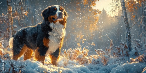 Majestic Bernese Mountain Dog standing in a snowy winter forest bathed in golden sunlight. photo