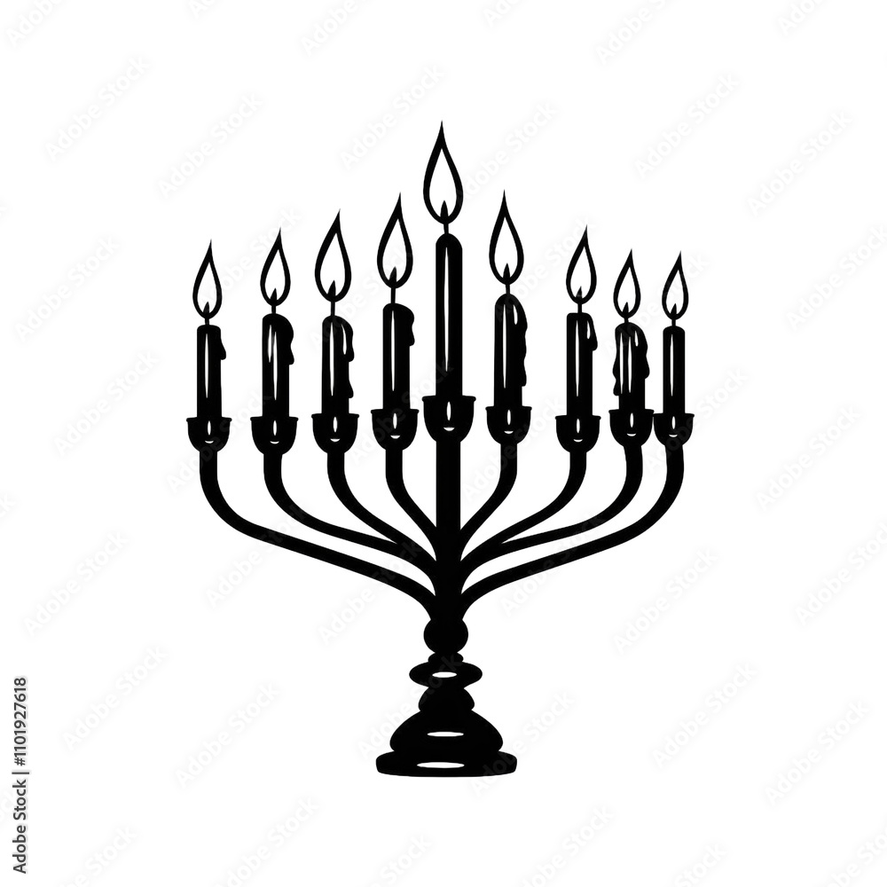 Elegant Black Silhouette of Nine-Branched Hanukkah Menorah with Seven Candles, Minimalist Vector Representation of Jewish Religious Celebration and Tradition. Elegant Black Silhouette of Nine-Branched Hanukkah Menorah with Seven Candles, Minimalist Vector Representation of Jewish Religious Celebration and Tradition.