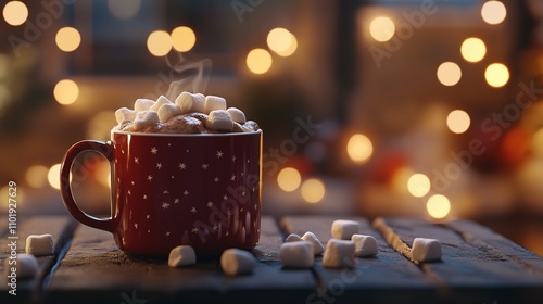 Steaming mug of hot cocoa topped with marshmallows, warm bokeh background.