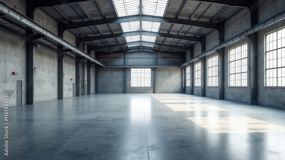 Open and spacious warehouse mockup with smooth concrete flooring Open and spacious warehouse mockup with smooth concrete flooring