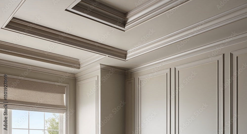 Fototapeta premium Decorative ceiling moldings and wall panels painted in soft neutral tones