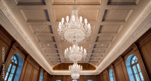 Elegant chandeliers hanging from intricately detailed coffered ceilings photo