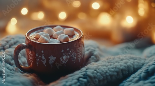 Cozy Hot Chocolate with Marshmallows on a Knitted Blanket, Festive Lights Blurred Background