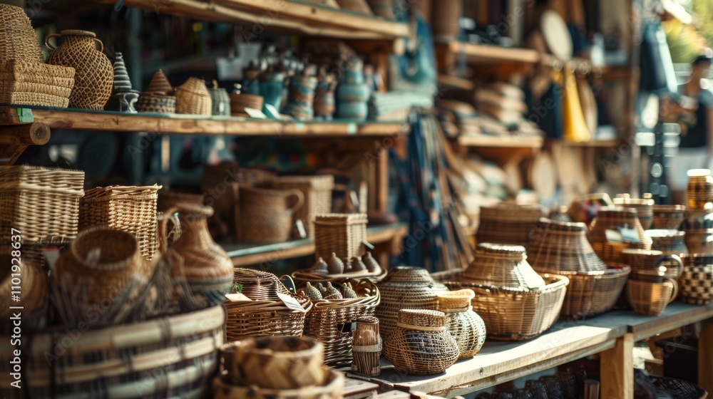 Fototapeta premium Rustic handmade wicker baskets displayed on wooden shelves