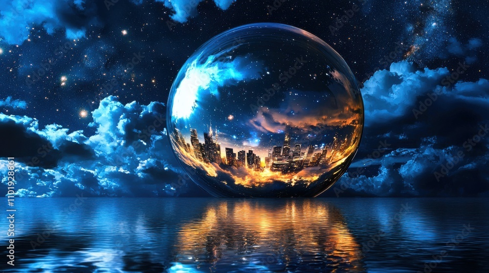 Surreal Glowing Sphere Reflecting Futuristic Cityscape in Dreamlike Cosmic Landscape Surreal Glowing Sphere Reflecting Futuristic Cityscape in Dreamlike Cosmic Landscape