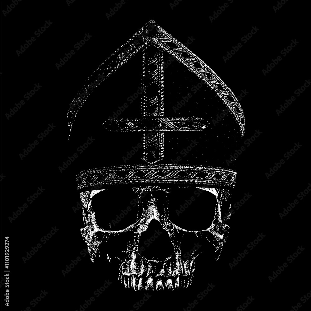 Ταπετσαρία pope skull with mitre hand drawing vector isolated on black background