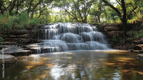 A serene waterfall cascading over rocks into a tranquil pool surrounded by lush greenery.