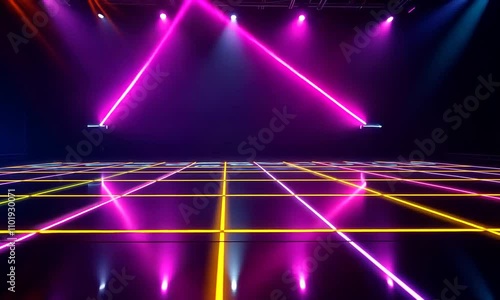 Neon Lights Stage, Cyberpunk Dance Floor, Retro Futuristic Vibe, Colorful Laser Beams,  Reflective Surface, 80s Synthwave Aesthetic
