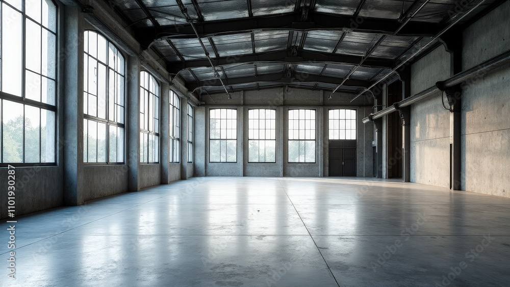 An empty warehouse mockup with concrete floors and ample open space An empty warehouse mockup with concrete floors and ample open space
