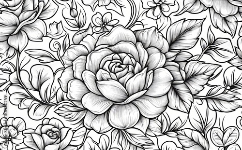 Wallpaper Mural Abstract seamless pattern featuring roses. Stunning blossoming hand-drawn flowers on a white backdrop. Line art design suitable for wallpaper. A modern stock illustration. Torontodigital.ca
