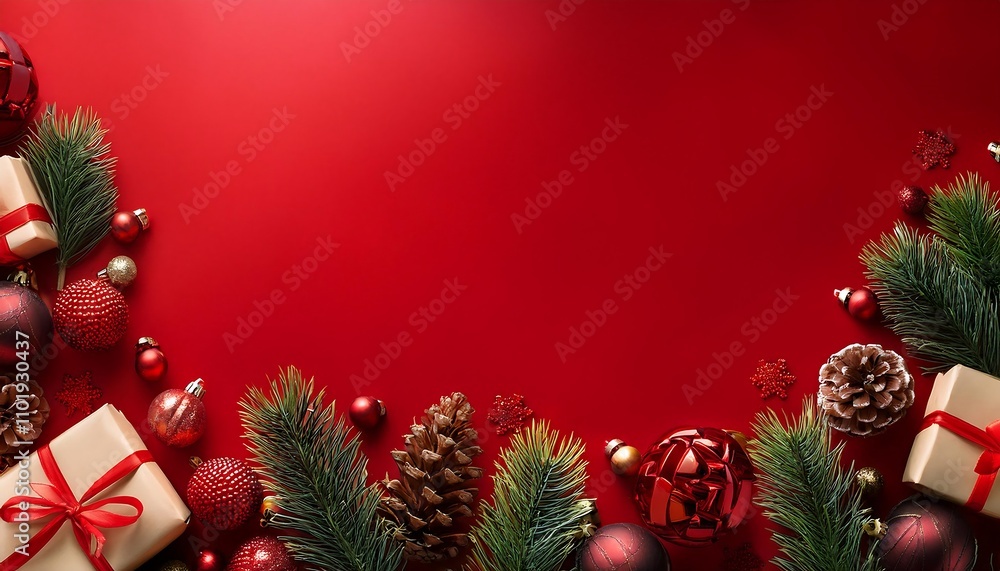 A bright red background featuring Christmas gifts, pinecones, and ornaments creates a festi_1(45) A bright red background featuring Christmas gifts, pinecones, and ornaments creates a festi_1(45)