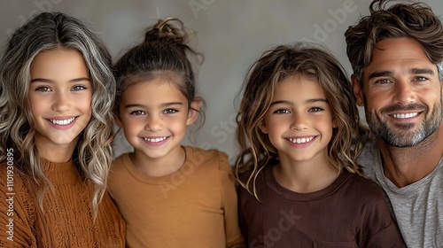 A blended family of step-parents and biological children, smiling together in front of a family portrait, celebrating love and connection, regardless of traditional family structures. Ultra-Realistic, photo