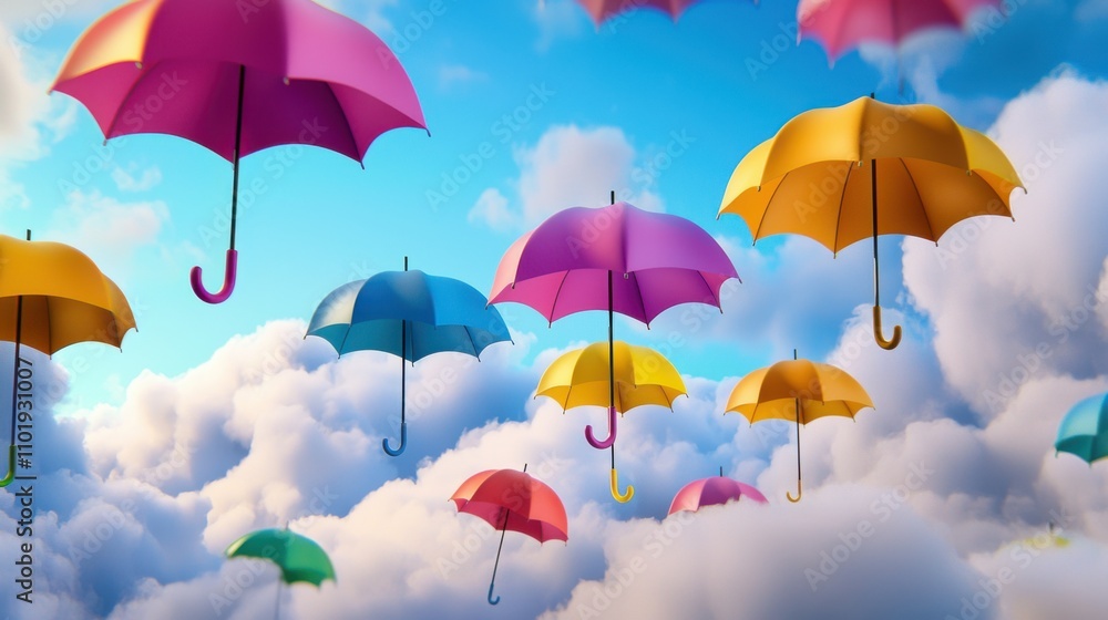 Colorful Umbrellas Floating in the Whimsical Sky with Clouds Colorful Umbrellas Floating in the Whimsical Sky with Clouds