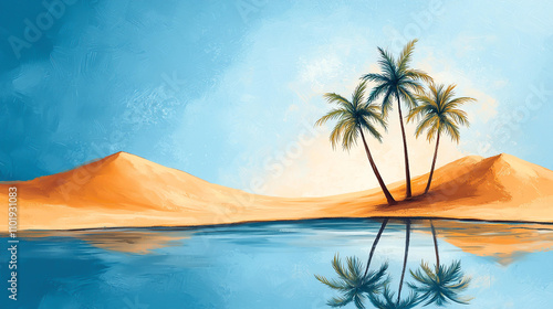 Landscape background serene desert oasis featuring palm trees and tranquil pool of water reflects vibrant blue sky and golden sand dunes, creating peaceful atmosphere
