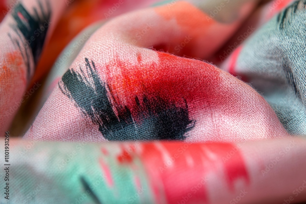 Fototapeta premium A detailed view of the background on an oversized pink and grey scarf, with brushstrokes in reds and greens, draped over the shoulders