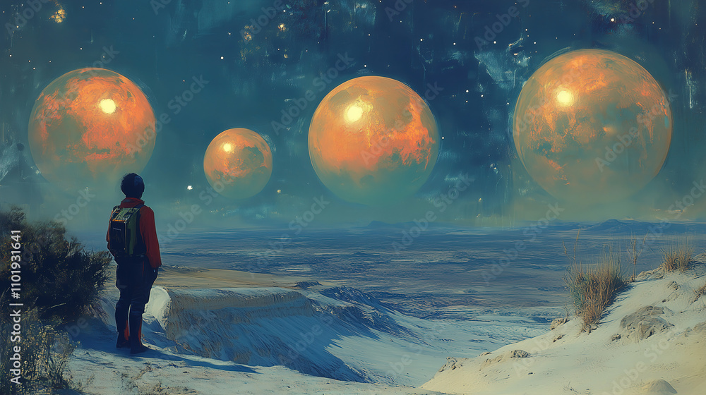 Vast landscape with a figure gazing at four glowing celestial bodies in a starry night sky. Generative AI