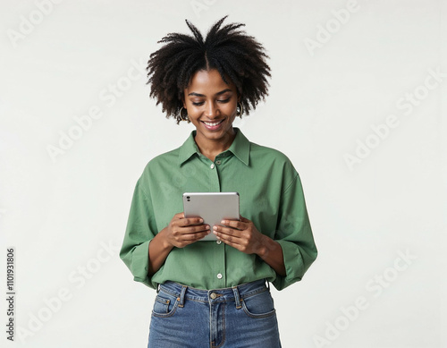 woman  holding a tab on white background