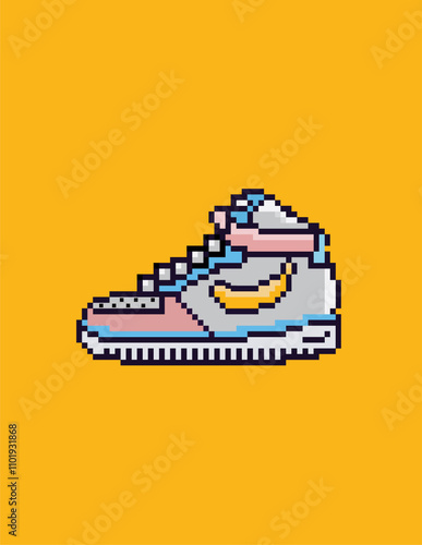 Pixel Art Sneaker Design on Bold Yellow Background, Retro Style Wall Art for Modern Decor