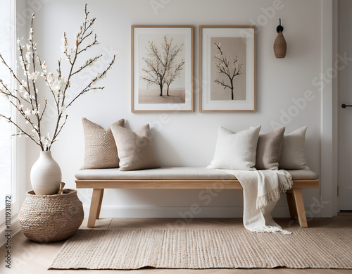 farmhouse, rustic interior home design of modern hall, home, rustic entryway with wooden bench, neutral decor, textured cushion, and abstract art in a warm, welcoming space 