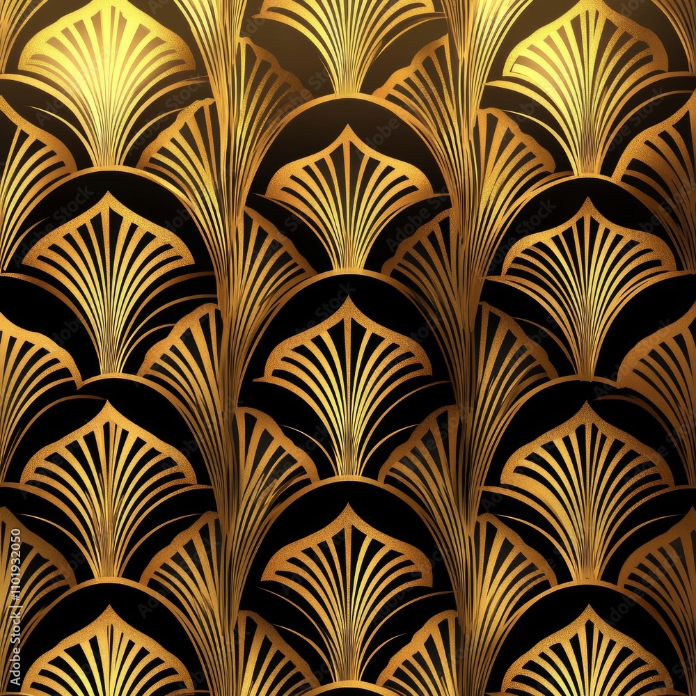 This beautiful design showcases a repeating pattern of ornate golden feathers set against a rich black backdrop, reflecting an art deco style. The intricate lines create depth and elegance This beautiful design showcases a repeating pattern of ornate golden feathers set against a rich black backdrop, reflecting an art deco style. The intricate lines create depth and elegance