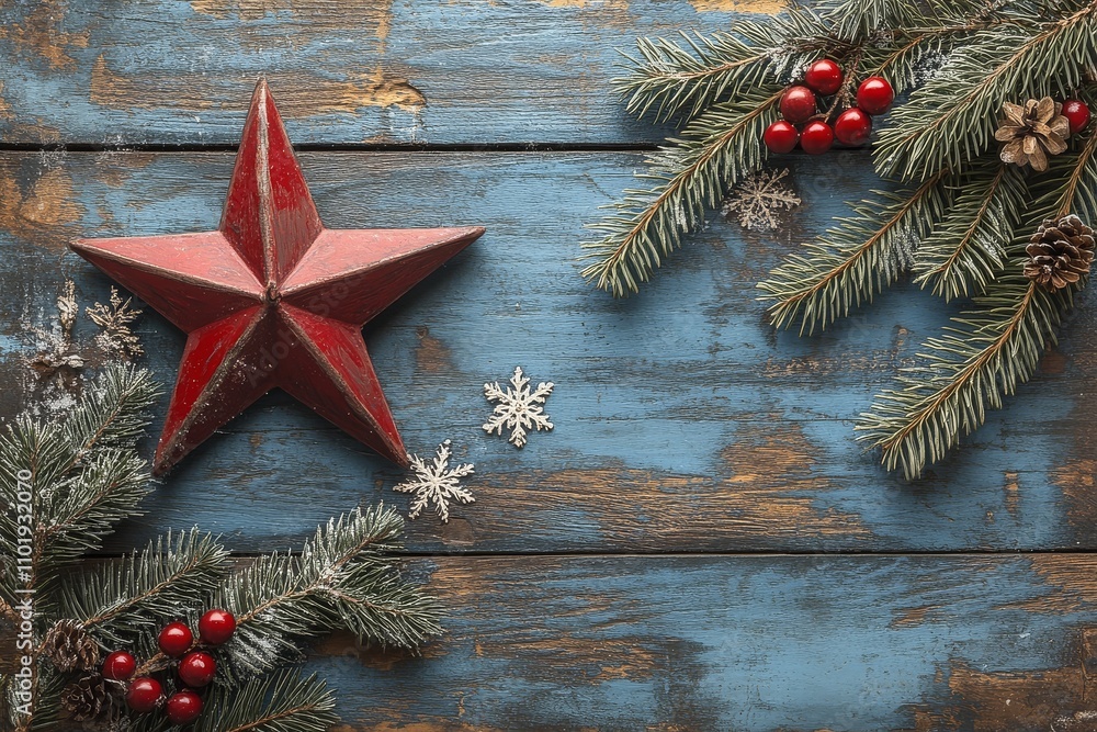 Christmas background with a red star, snowflakes, and pine branches on a blue wooden board, festive holiday decorations. Christmas background with a red star, snowflakes, and pine branches on a blue wooden board, festive holiday decorations.