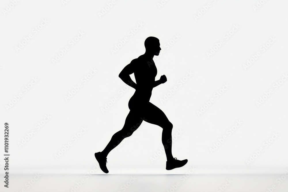 A minimalist silhouette of a runner mid-stride, designed in bold black and white with clean lines A minimalist silhouette of a runner mid-stride, designed in bold black and white with clean lines