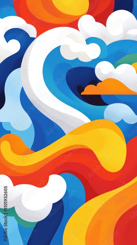 Colorful abstract waves and clouds create a vibrant oceanic pattern in dynamic blues, reds, and yellows Colorful abstract waves and clouds create a vibrant oceanic pattern in dynamic blues, reds, and yellows