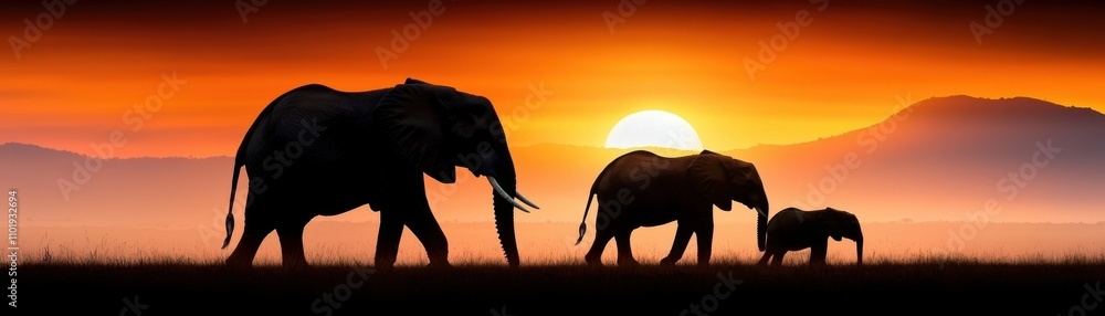 Fototapeta premium Majestic Elephants Silhouetted Against a Vibrant Sunrise Over African Savannah Landscape