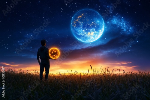 A mystical figure holding a glowing astrological globe, standing in a field under a celestial sky