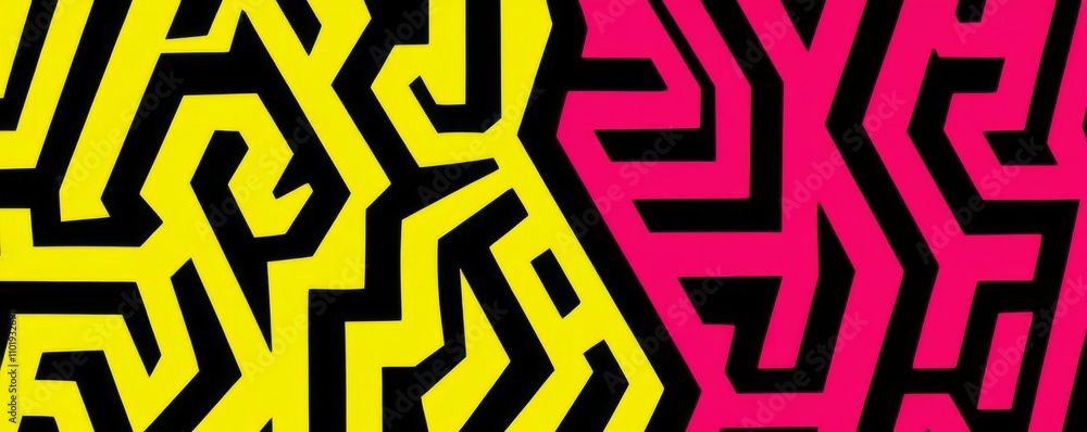 A colorful, seamless geometric maze featuring brush-drawn pink and yellow scribbles. An abstract maze with a modern geometric background in bright colors. An intricate, hand-drawn banner in an A colorful, seamless geometric maze featuring brush-drawn pink and yellow scribbles. An abstract maze with a modern geometric background in bright colors. An intricate, hand-drawn banner in an