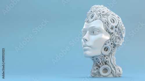 A woman's head is made of gears and is sitting on a blue background