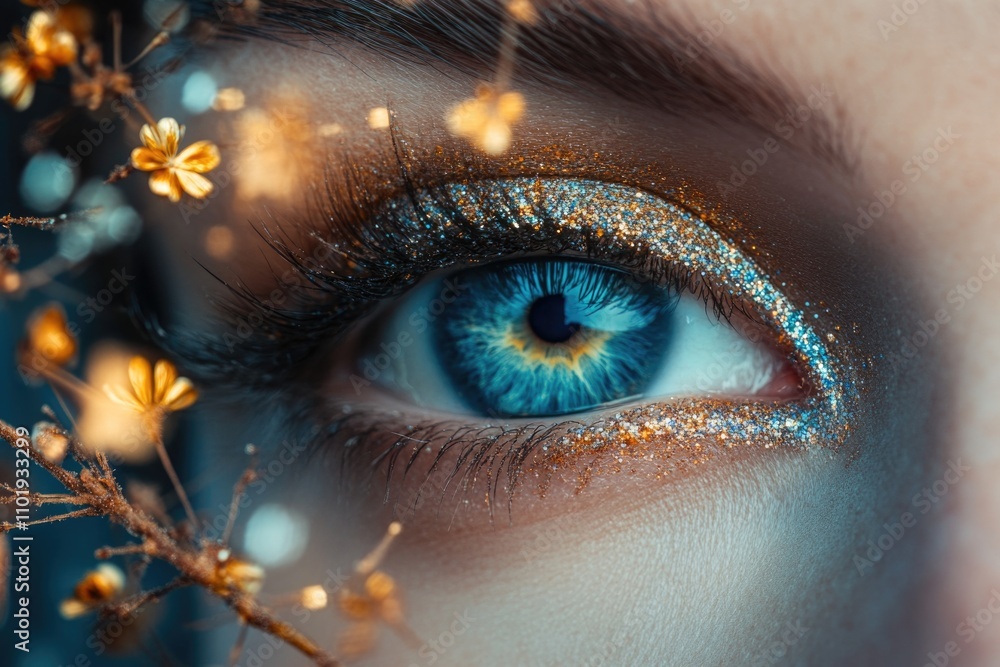 Fototapeta premium A detailed view of an eye adorned with sparkly glitter, ideal for use in party or celebration themes
