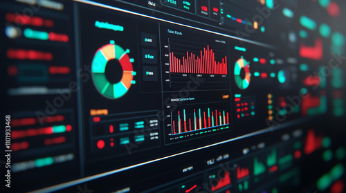 digital dashboard displays tax audit progress with vibrant charts and graphs, showcasing data analytics in modern interface