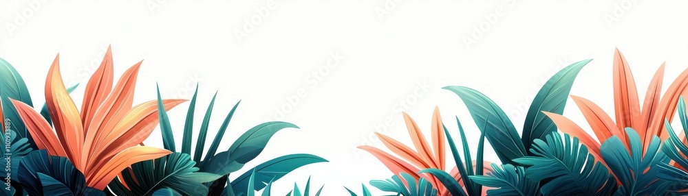 Vibrant Tropical Leaves and Flowers on White Background Creating a Fresh and Lively Atmosphere Vibrant Tropical Leaves and Flowers on White Background Creating a Fresh and Lively Atmosphere