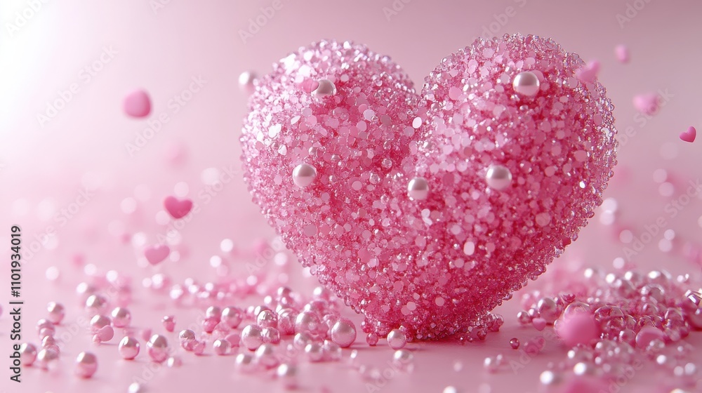 Delicate Pink Heart Shaped Decoration with Sparkling Beads and Pearls on Soft Pink Background for Romantic Themes and Celebrations Delicate Pink Heart Shaped Decoration with Sparkling Beads and Pearls on Soft Pink Background for Romantic Themes and Celebrations