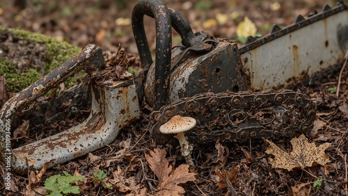 Wallpaper Mural Rusty chainsaw on forest floor with mushroom growing through chain Torontodigital.ca