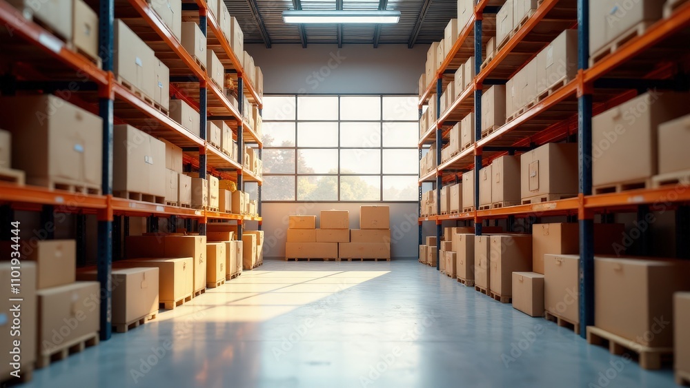 Cardboard boxes on shelves in a spacious and bright warehouse mockup Cardboard boxes on shelves in a spacious and bright warehouse mockup