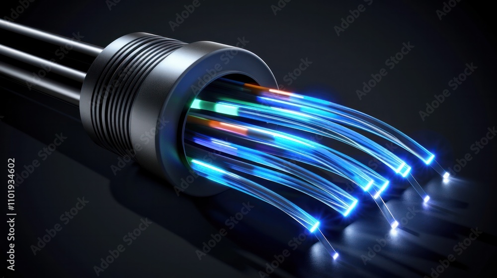 Glowing Fiber Optic Strands Radiating Dynamic Energy for Innovative Technology Concept Abstract futuristic backdrop with illuminated fiber optic cables in motion representing speed power Glowing Fiber Optic Strands Radiating Dynamic Energy for Innovative Technology Concept Abstract futuristic backdrop with illuminated fiber optic cables in motion representing speed power