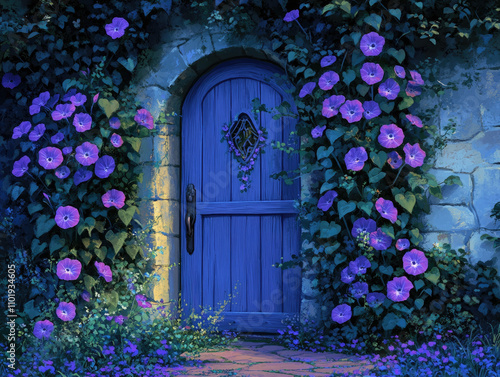 A secret garden door at dusk entwined with purple flowers, inviting you into a mystical and enchanting world