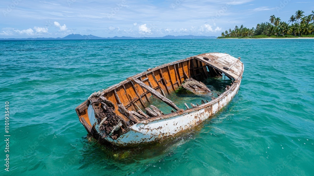 Pirate shipwreck partially submerged off the coast of a tropical island, stock photo style Pirate shipwreck partially submerged off the coast of a tropical island, stock photo style
