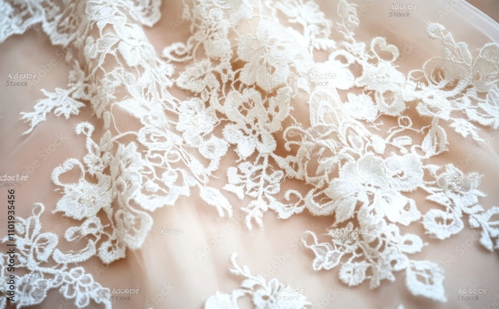 A detailed view of a textured fabric featuring elegant vintage lace and delicate floral hand embroidery against a white background. This design is perfect for a wedding setting. A detailed view of a textured fabric featuring elegant vintage lace and delicate floral hand embroidery against a white background. This design is perfect for a wedding setting.