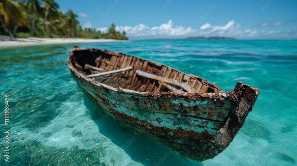 Pirate shipwreck partially submerged off the coast of a tropical island, stock photo style Pirate shipwreck partially submerged off the coast of a tropical island, stock photo style