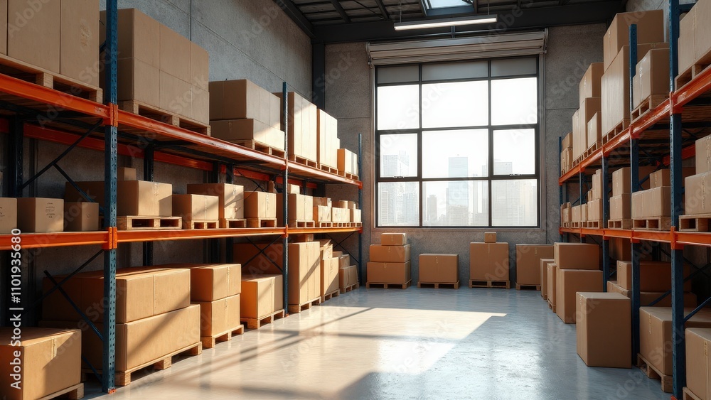 Bright and airy warehouse mockup with shelves full of storage boxes Bright and airy warehouse mockup with shelves full of storage boxes