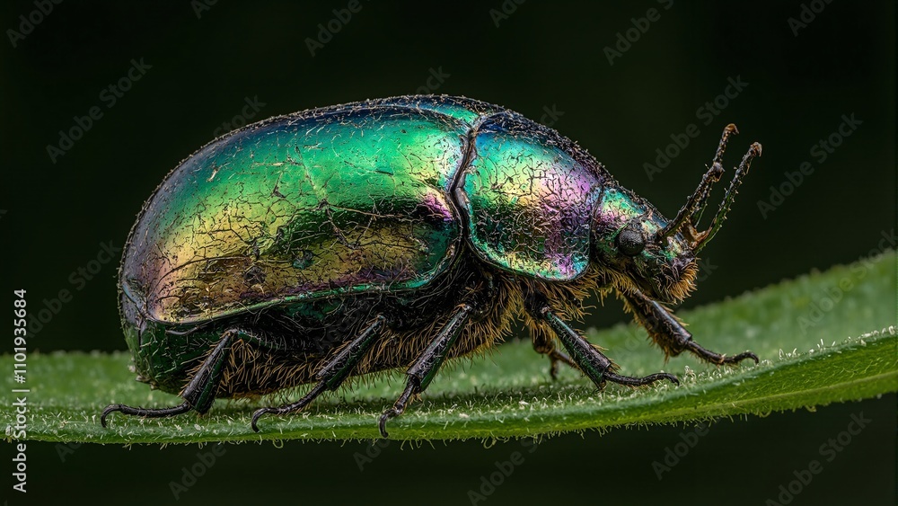 Fototapeta premium Vivid scarab beetle shell with green purple and gold hues reflecting light