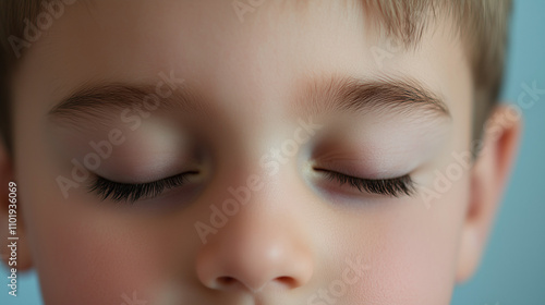 Young boy's face in a close-up view, soft lighting and gentle expression, focus on closed eyes