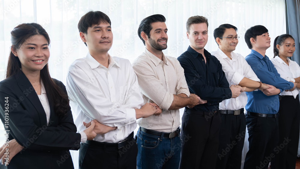 Business team standing, join and link hand together in panoramic banner symbolize successful business partnership and professional synergy with diverse culture group people cooperation. Prudent Business team standing, join and link hand together in panoramic banner symbolize successful business partnership and professional synergy with diverse culture group people cooperation. Prudent