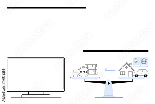 Monitor beside scale with digital tokens balanced against house, car, and identity card. Ideal for technology, finance, investment, real estate, digital assets, blockchain and cybersecurity themes