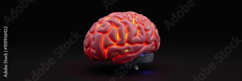 A stylized 3D model of a brain with glowing colors and patterns on a black surface, 3D brain model, cognitive process, neuroplasticity photo