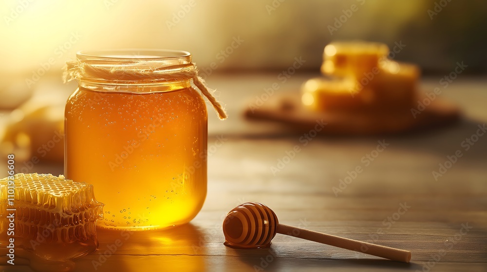 Golden honey in jar, honeycomb, and dipper on wood. Golden honey in jar, honeycomb, and dipper on wood.